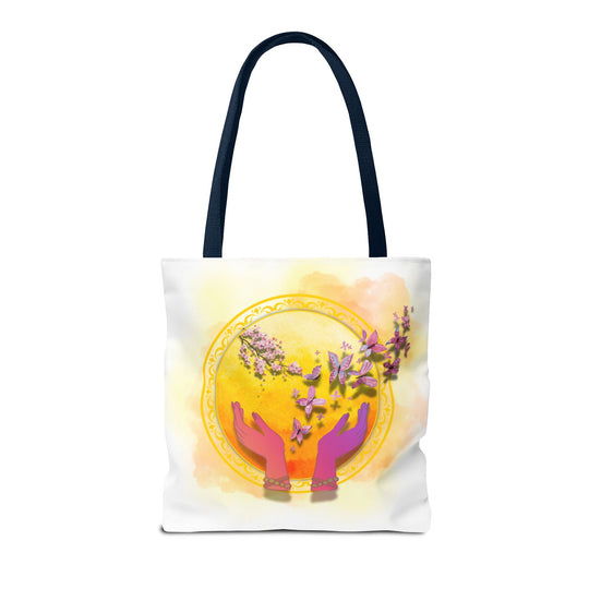 Symbolic Tote Bag with Hands, Orb, Flowers, and Butterflies Bags Printify