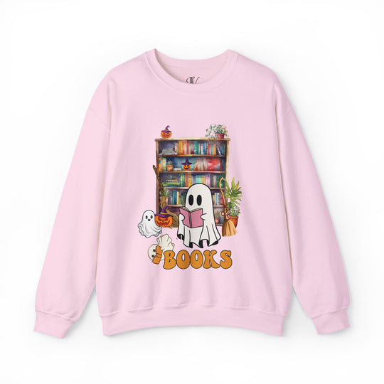Bookworm Witch Fall Sweatshirt: "BOOKS" Design, Ghosts & Pumpkins Sweatshirt Printify S Light Pink
