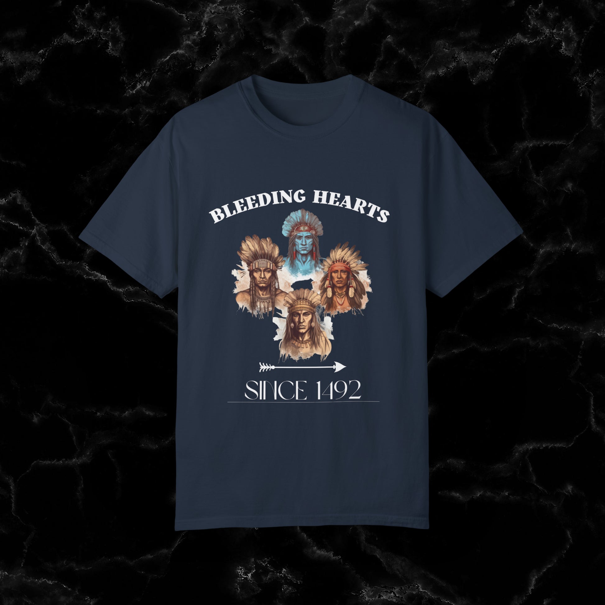 Native American Comfort Colors Shirt - Authentic Tribal Design, Nature-Inspired Apparel, 'Bleeding Hearts since 1492 T-Shirt Navy S 