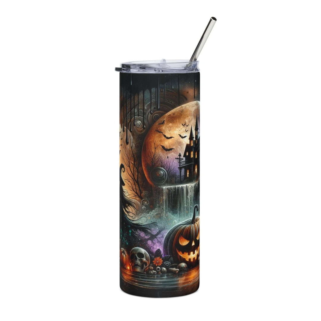 Halloween Gothic Tumbler — Witch Silhouettes, Haunted Houses & Pumpkins (20oz Stainless Steel) Mug Printify