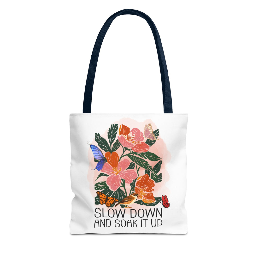 Floral Tote Bag - Slow Down and Soak It Up Bags Printify 13" × 13'' Navy