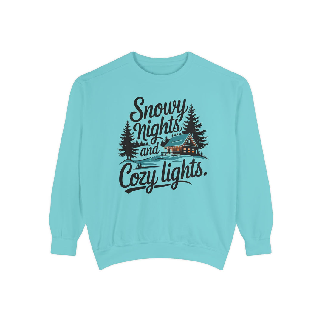 Snowy Nights and Cozy Lights Garment-Dyed Sweatshirt Sweatshirt Printify Chalky Mint S