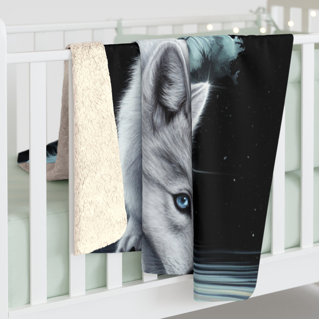 Sherpa Fleece Blanket - Wolf and Cub Moonlit Night Scene Home Decor Printify