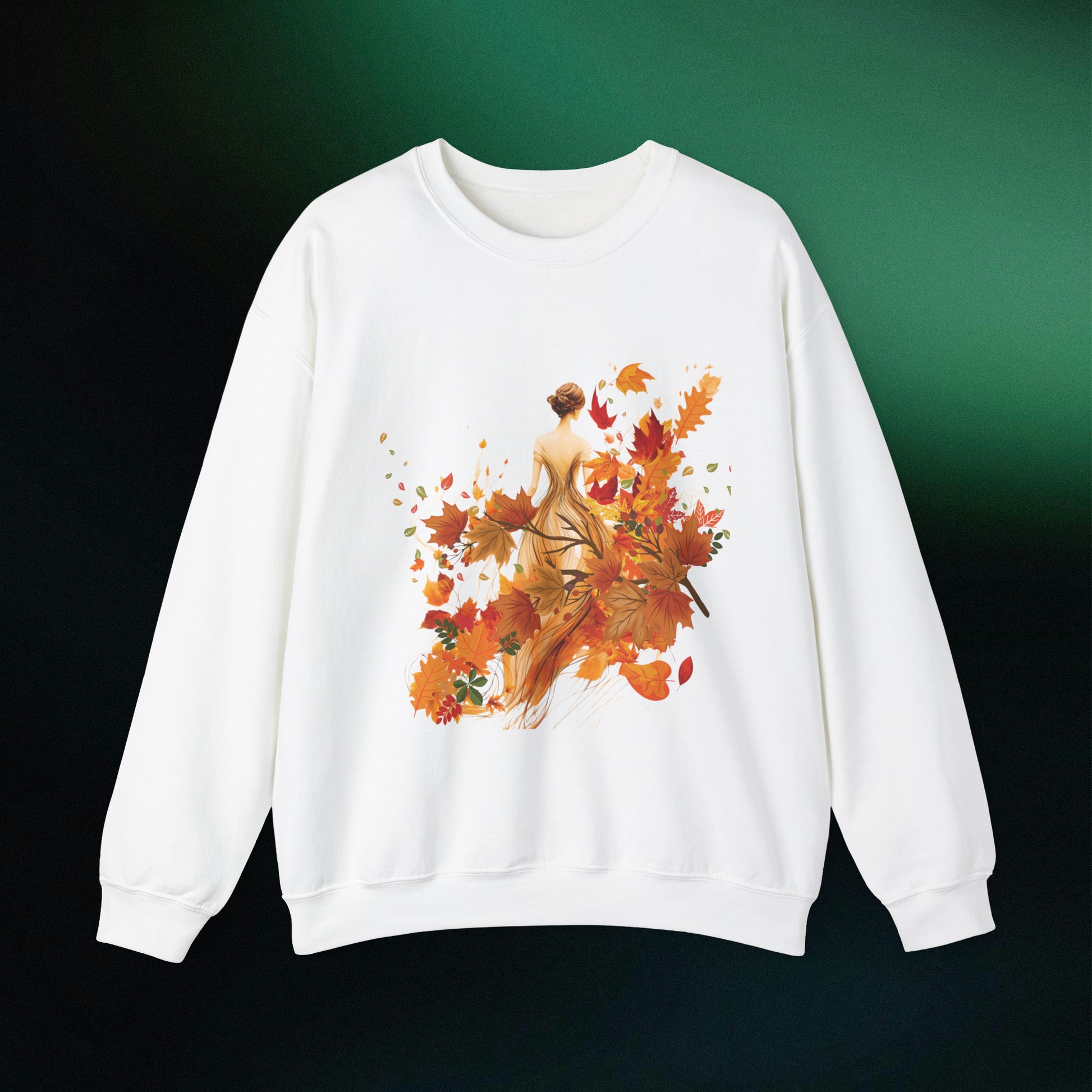 Whimsical Dreams in Autumn Hues: Romantic Dreamy Female Surrounded by Autumn Leaves Sweatshirt Sweatshirt S White 