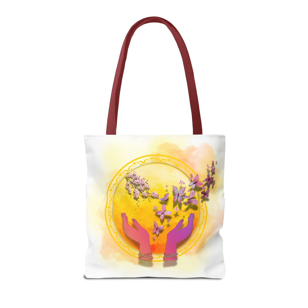 Symbolic Tote Bag with Hands, Orb, Flowers, and Butterflies Bags Printify