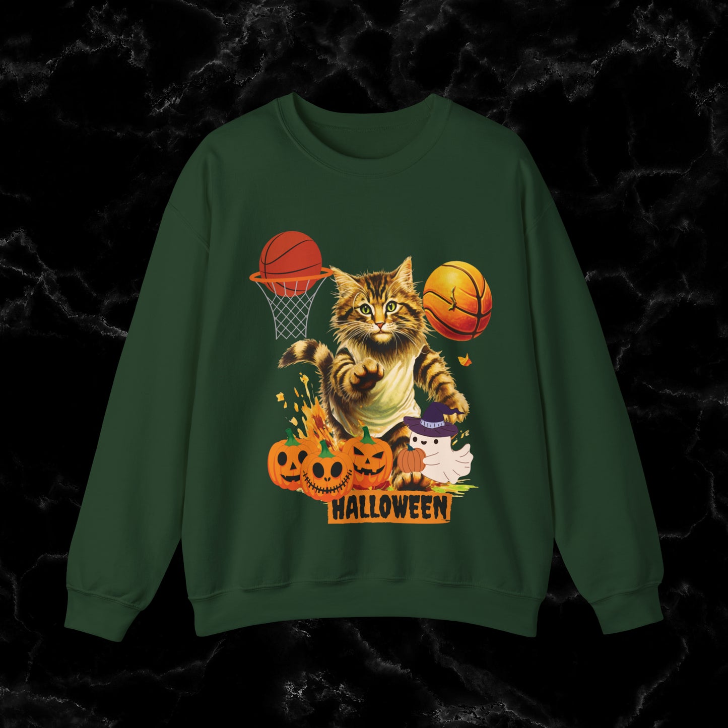Halloween Cat Basketball Sweatshirt | Playful Feline and Pumpkins | Spooky Sports | Halloween Fun Sweatshirt Sweatshirt S Forest Green 