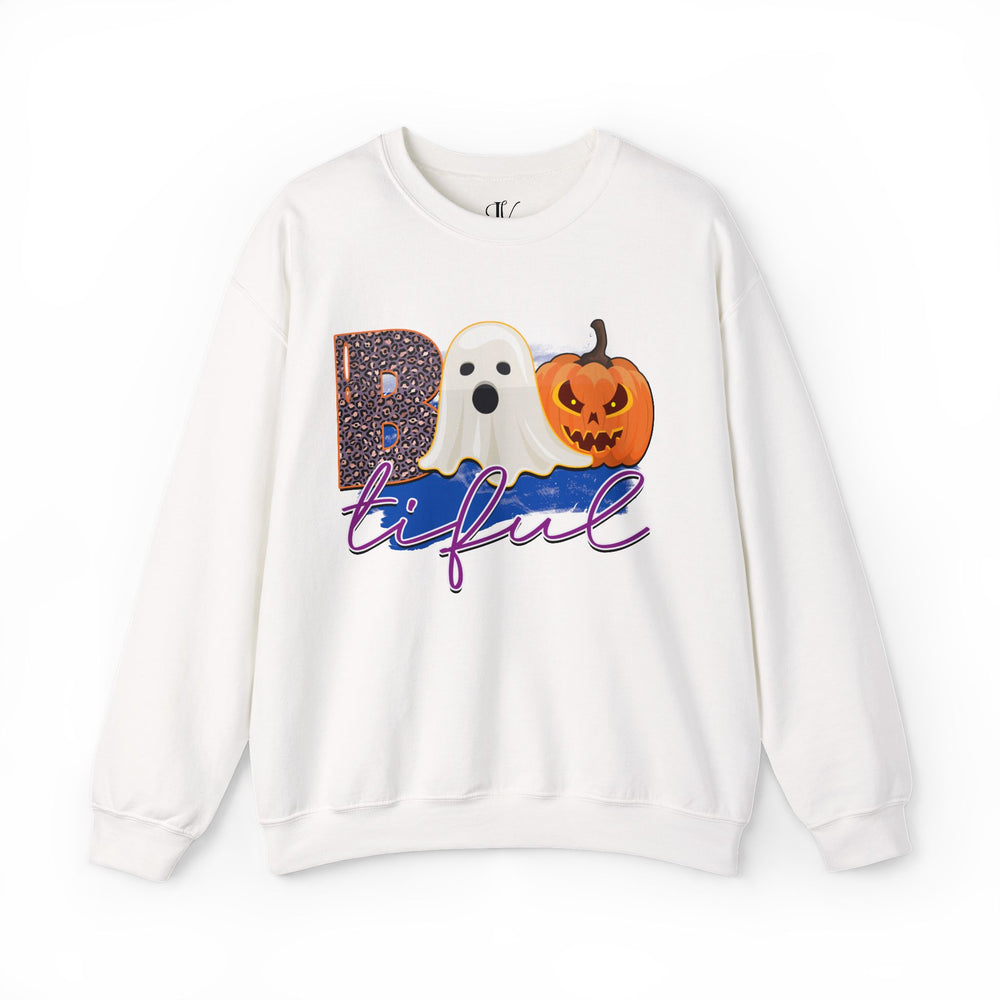 Bootiful Halloween Sweatshirt: Ghost and Pumpkin Design Sweatshirt Printify S White