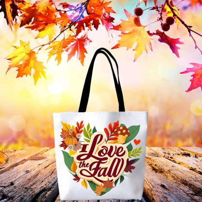 Love Fall Tote Bag - Pumpkin Style, Fall Shoulder Chic, Autumn Vibes, Theme Tote, Leaves Elegance, Gift for Her Heart Shape - 'I Love Fall' Accessories   
