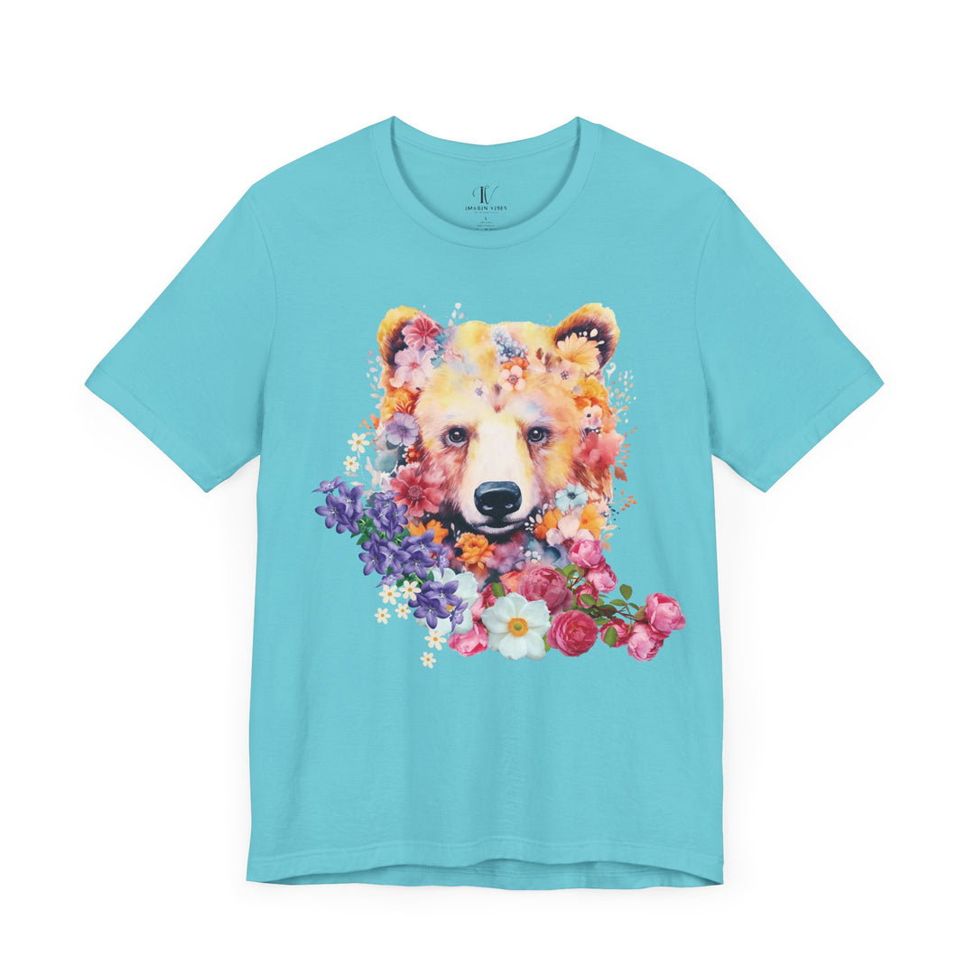 Floral Bear Face Nature-Inspired Tee T-Shirt Printify Turquoise S
