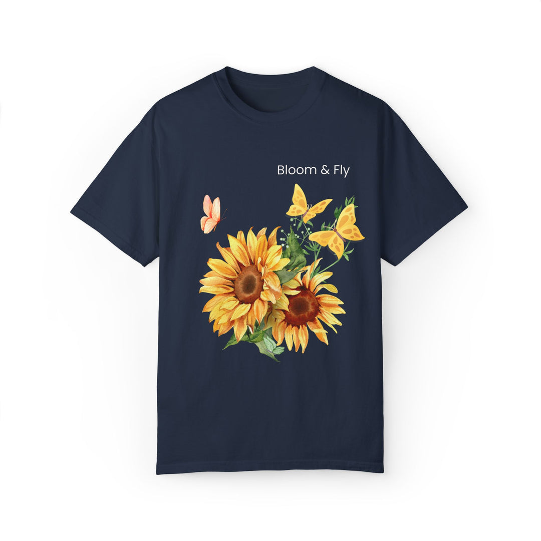 Sunflower T-shirt - Bloom & Fly Nature-Inspired Tee T-Shirt Printify Navy S