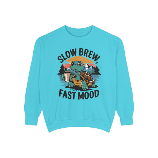 Turtle Coffee Sweatshirt - Slow Brew Fast Mood Sweatshirt Printify Lagoon Blue S