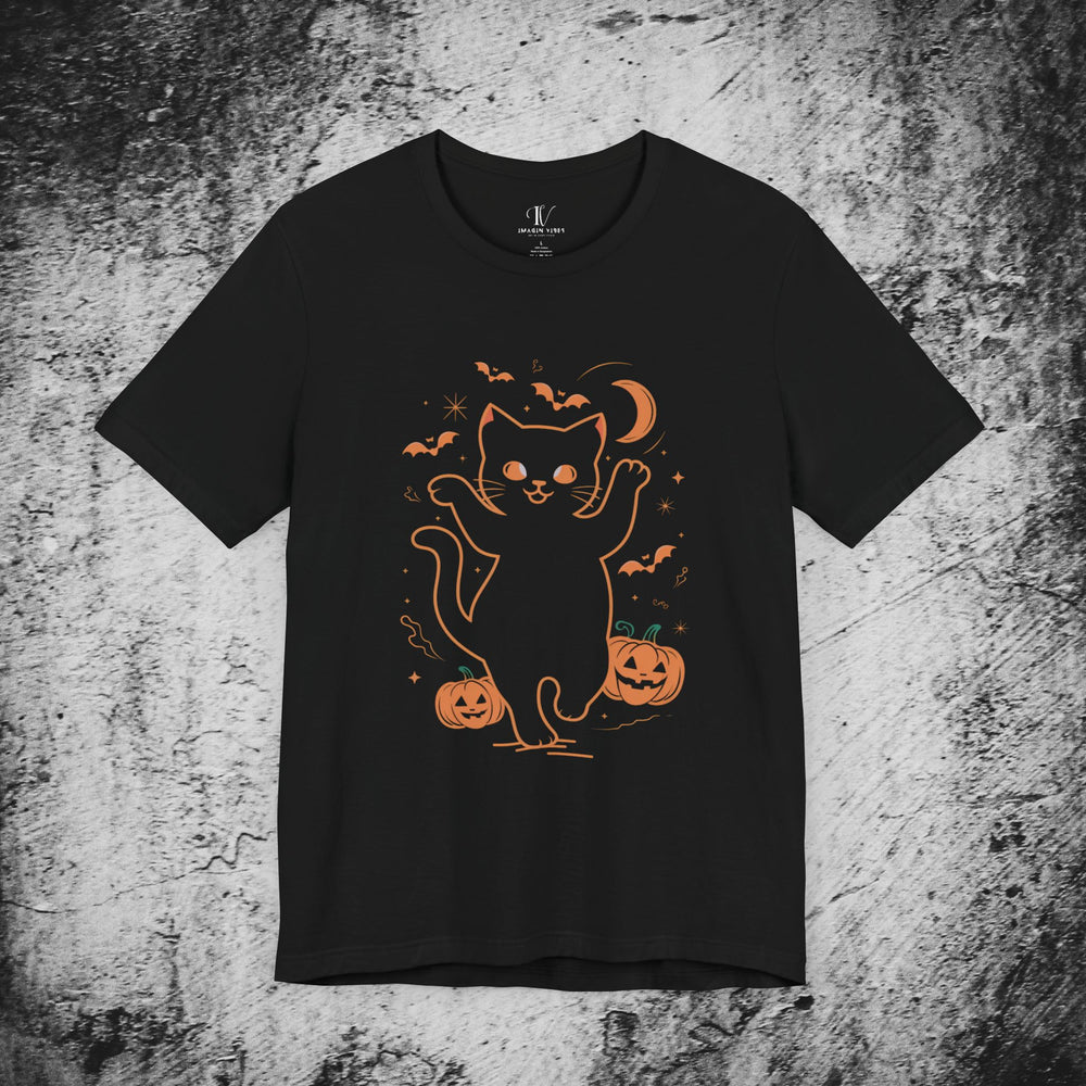 Spooky Cat & Pumpkins Halloween T-Shirt T-Shirt Printify Black XS