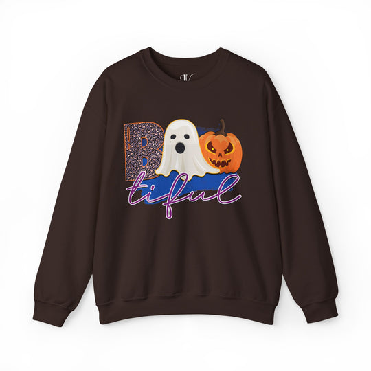 Bootiful Halloween Sweatshirt: Ghost and Pumpkin Design Sweatshirt Printify S Dark Chocolate