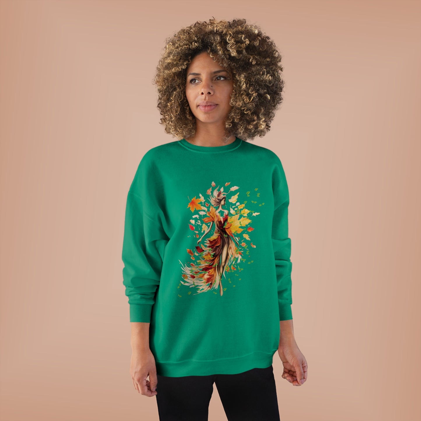 Whimsical Dreams in Autumn Hues: Romantic Dreamy Female Surrounded by Autumn Leaves Sweatshirt - Fairycore, Forestcore, Cottagecore-inspired Fashion Sweatshirt Kelly Green S 