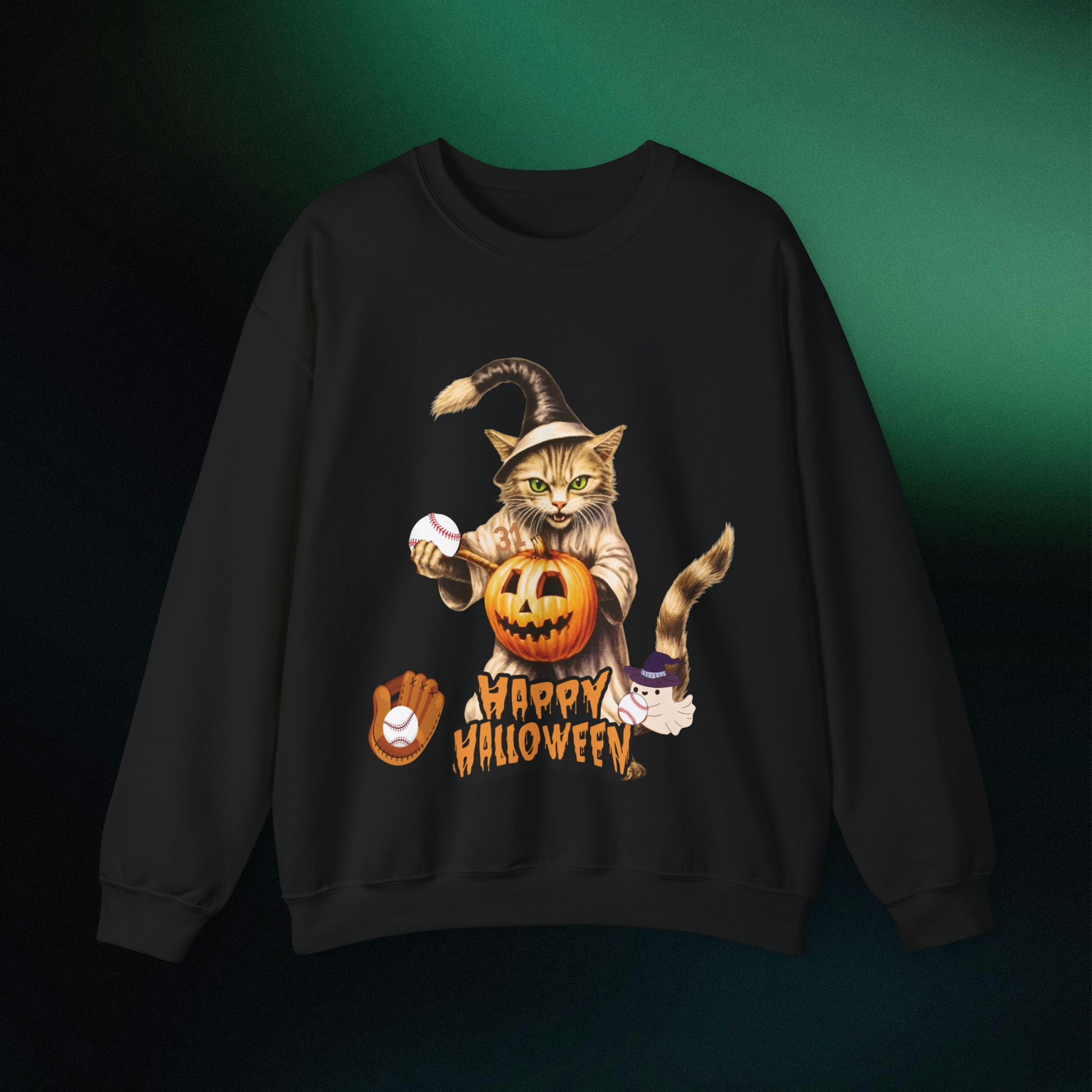 Halloween Cat Baseball Sweatshirt | Happy Halloween - Spooky Sports | Halloween Fun Sweatshirt Sweatshirt S Black 