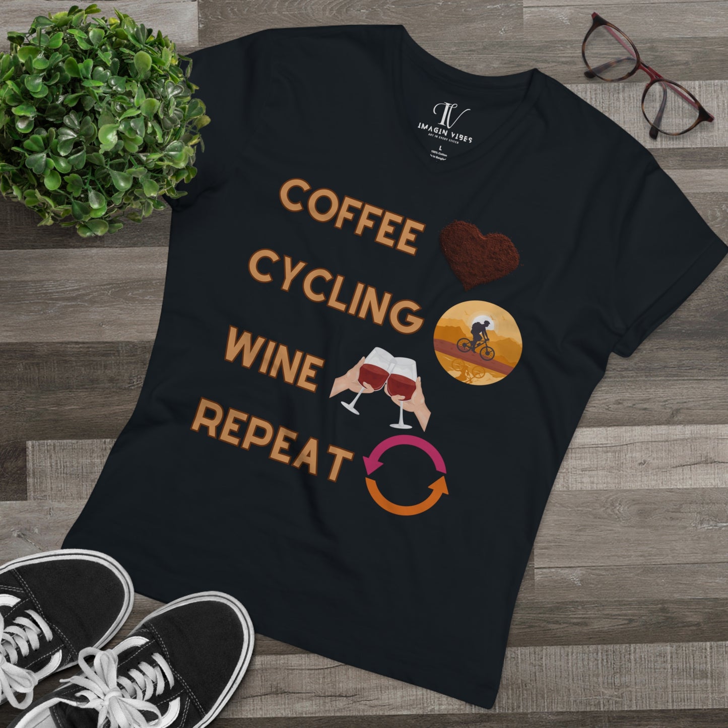Minimalistic Bicycle T-Shirt for Men - Cotton Shirts, Eco-Friendly Gift for Coffee and Cycling Enthusiasts V-neck Black S 