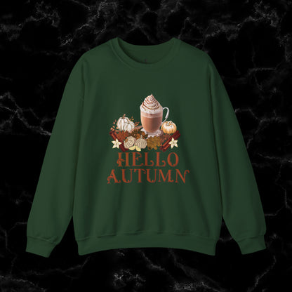 Hello Autumn Jumper | Pumpkin Spice Latte Leaves Sweatshirt - Fall Fashion Sweatshirt S Forest Green 