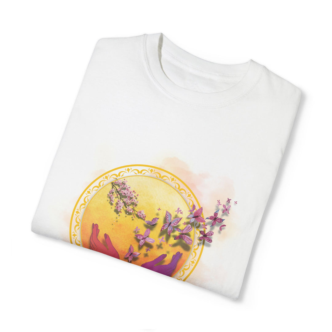 Spiritual Symbol Hands Garment-Dyed T-shirt with Flowers and Butterflies T-Shirt Printify