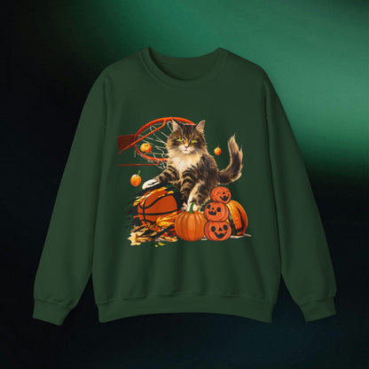 Halloween Cat Basketball Sweatshirt | Playful Feline and Pumpkins - Spooky Sports | Halloween Fun Sweatshirt Sweatshirt S Forest Green 