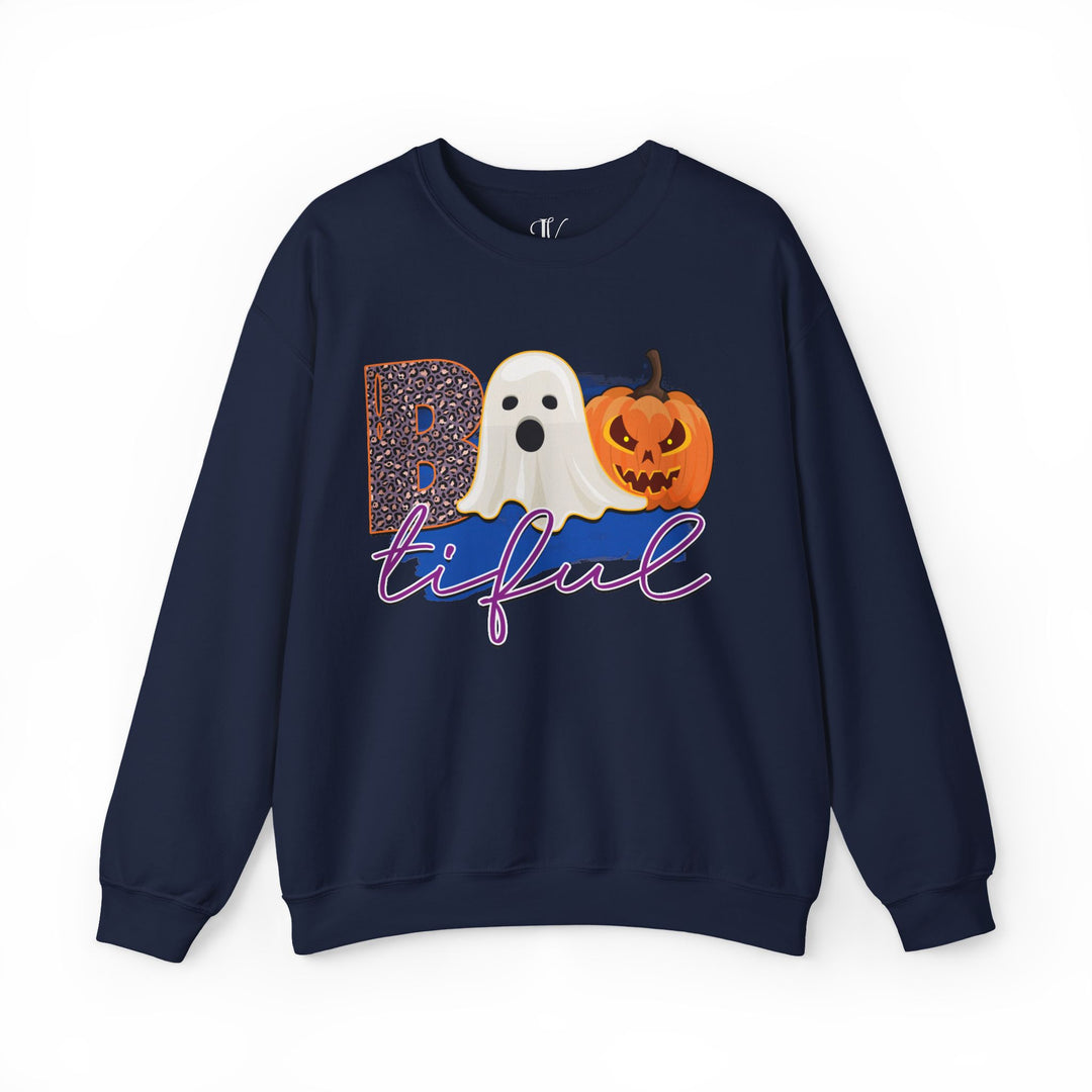 Bootiful Halloween Sweatshirt: Ghost and Pumpkin Design Sweatshirt Printify S Navy