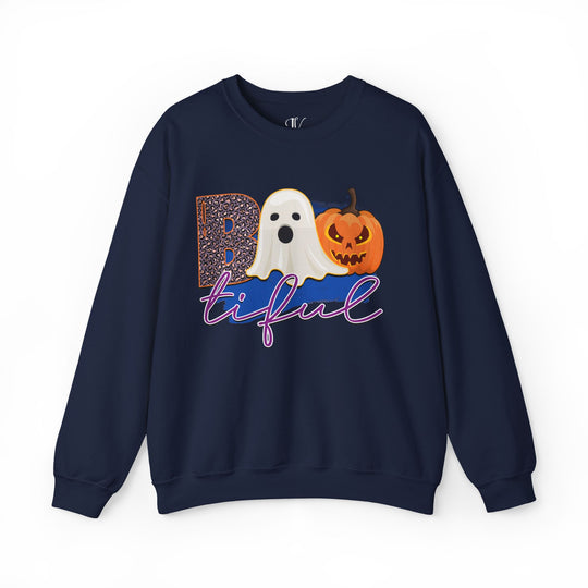 Bootiful Halloween Sweatshirt: Ghost and Pumpkin Design Sweatshirt Printify S Navy