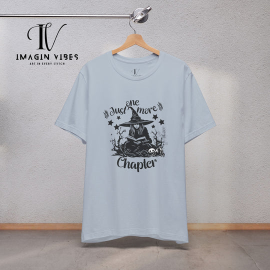 "Just One More Chapter" Witch Tee: Spooky & Bookish Halloween Shirt T-Shirt Light Blue XS 