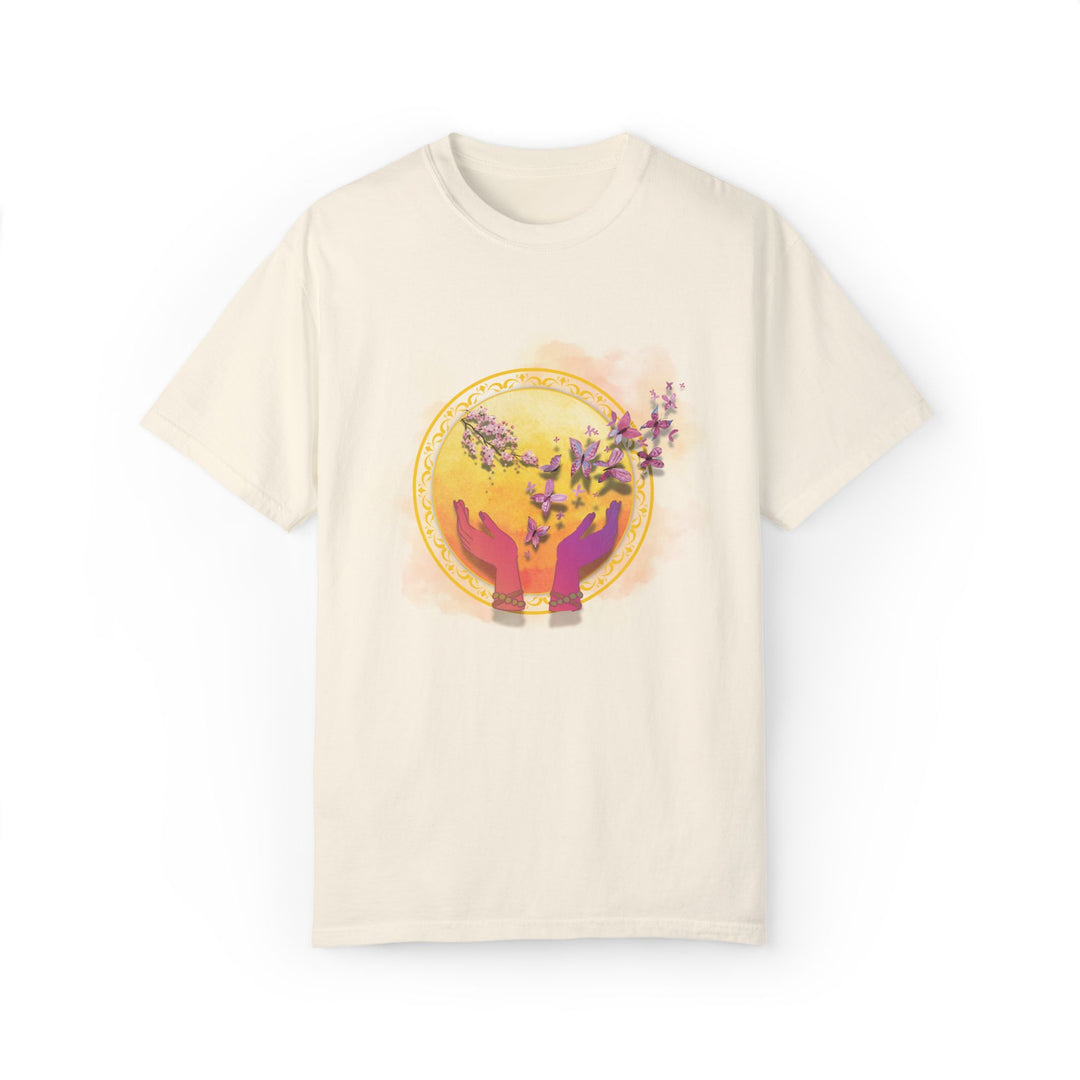 Spiritual Symbol Hands Garment-Dyed T-shirt with Flowers and Butterflies T-Shirt Printify Ivory S