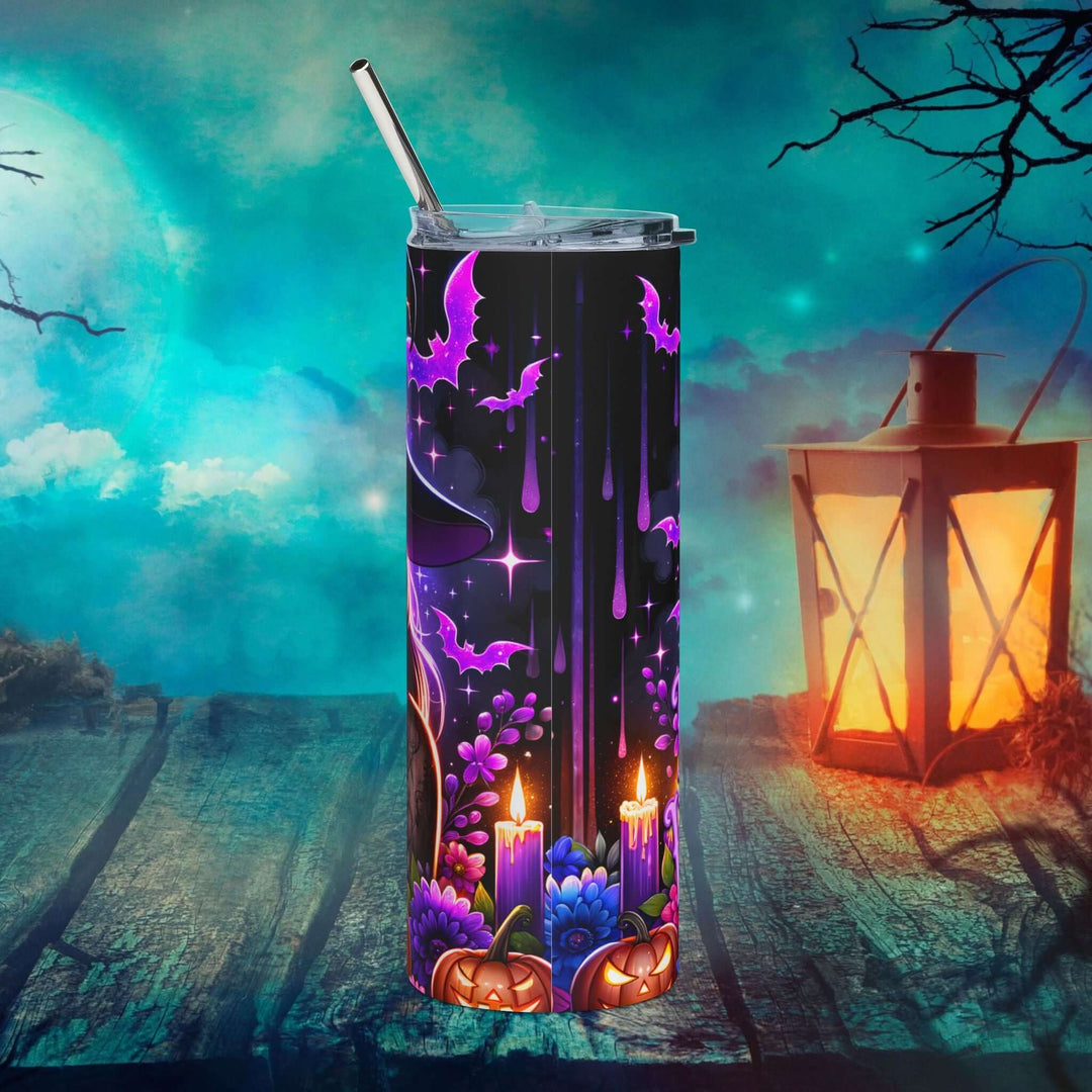 Feelin' Witchy 20oz Stainless Steel Tumbler — Halloween Witch, Bats & Pumpkins Mug Printify