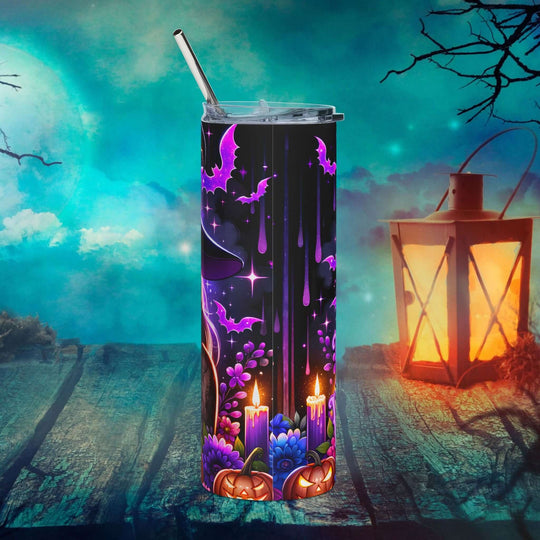 Feelin' Witchy 20oz Stainless Steel Tumbler — Halloween Witch, Bats & Pumpkins Mug Printify