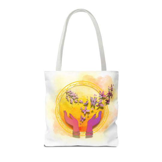 Symbolic Tote Bag with Hands, Orb, Flowers, and Butterflies Bags Printify