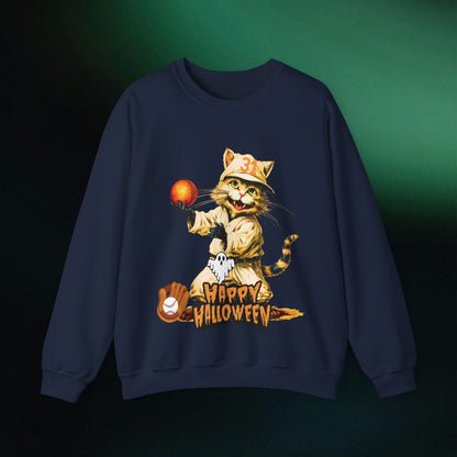 Halloween Cat Baseball Sweatshirt | Happy Halloween - Spooky Sports | Halloween Fun Sweatshirt Sweatshirt M Navy 