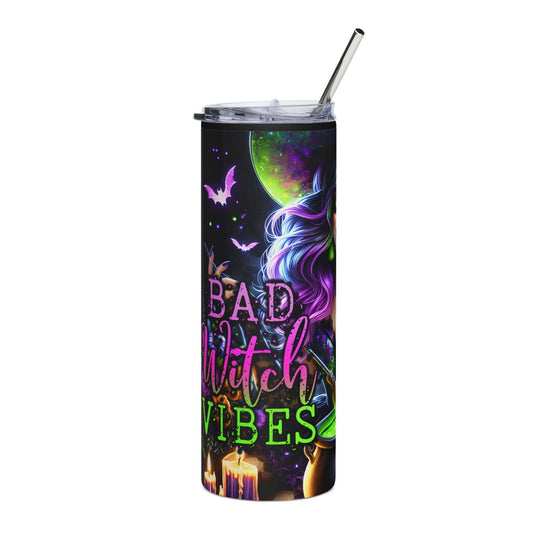 Bad Witch Vibes 20oz Stainless Steel Tumbler — Halloween Witch, Bats & Pumpkins Mug Printify
