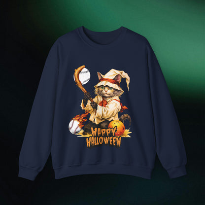 Halloween Cat Baseball Sweatshirt | Playful Feline and Pumpkins - Spooky Sports | Halloween Fun Sweatshirt Sweatshirt M Navy 