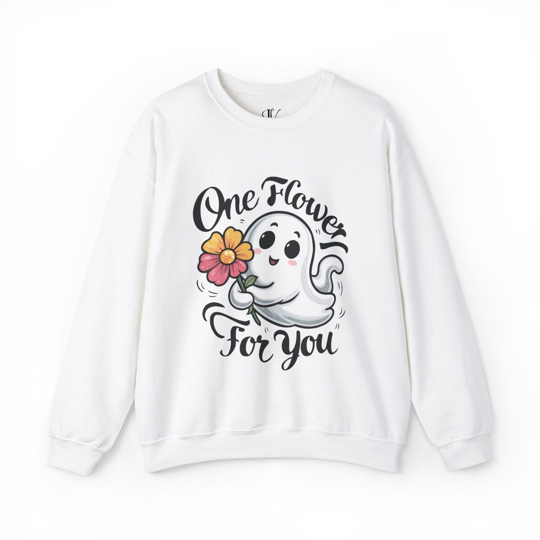 Cute Ghost "One Flower for You" Sweatshirt - Spooky Cozy Sweatshirt Printify S White