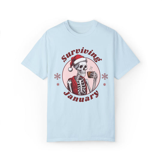 Skeleton Santa Hat Coffee Unisex T-shirt - Surviving January T-Shirt Printify Chambray S