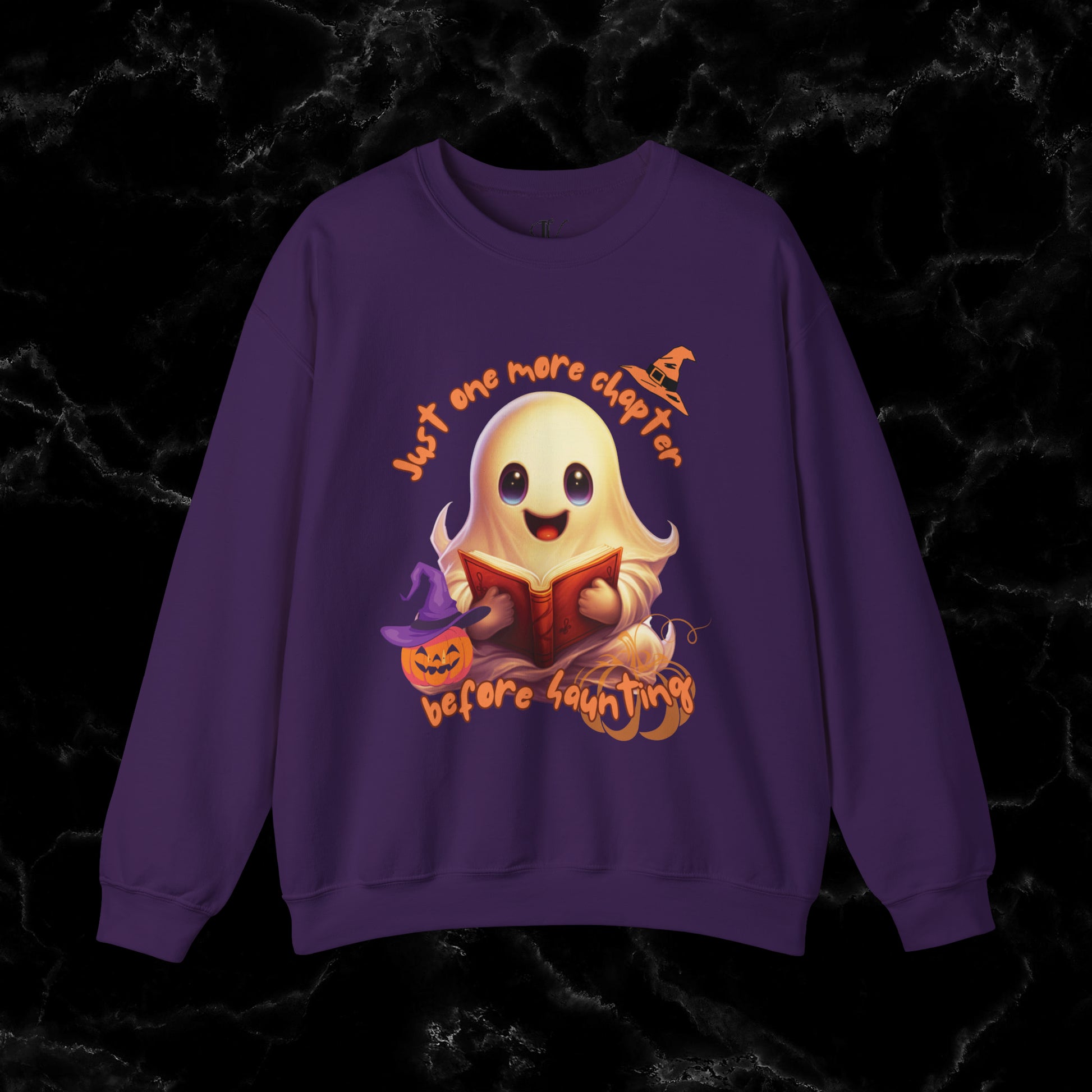 Just One More Chapter Sweatshirt | Book Lover Halloween Sweater - Librarian Sweatshirt - Halloween Student Sweater - Halloween Ghost Book Ghost Sweatshirt S Purple 