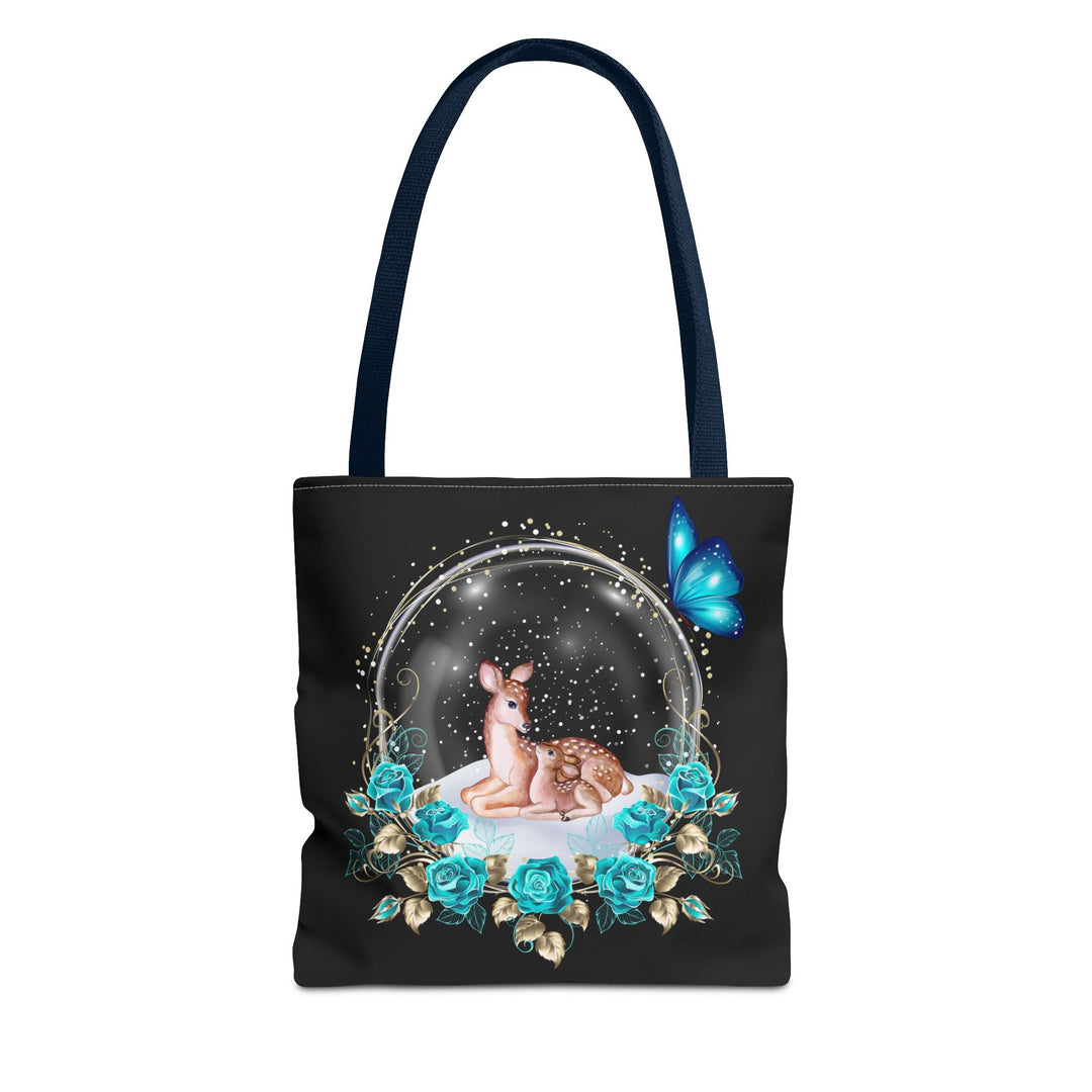 Deer Snow Globe Tote Bag - Winter Whimsical Elegance Bags Printify 13" × 13'' Navy