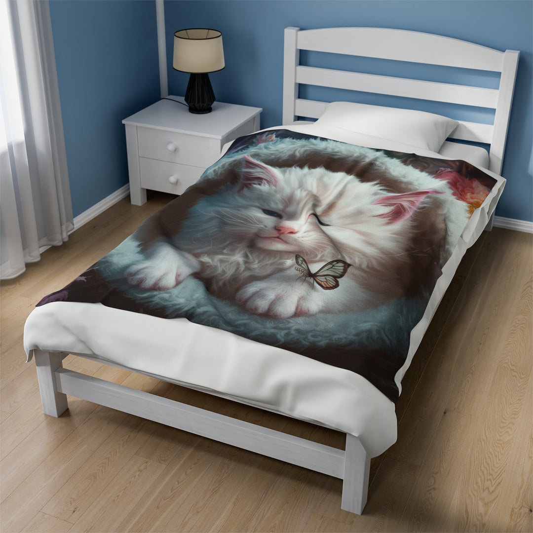 Plush Blanket - White Fluffy Cat and Butterflies All Over Prints Printify