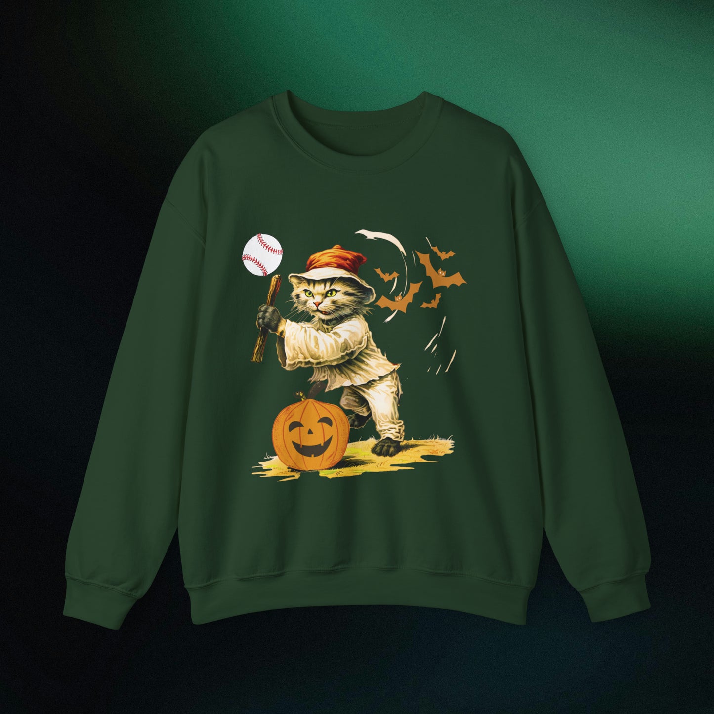 Halloween Cat Baseball Sweatshirt | Playful Feline and Pumpkins - Spooky Sports | Halloween Fun Sweatshirt Sweatshirt S Forest Green 