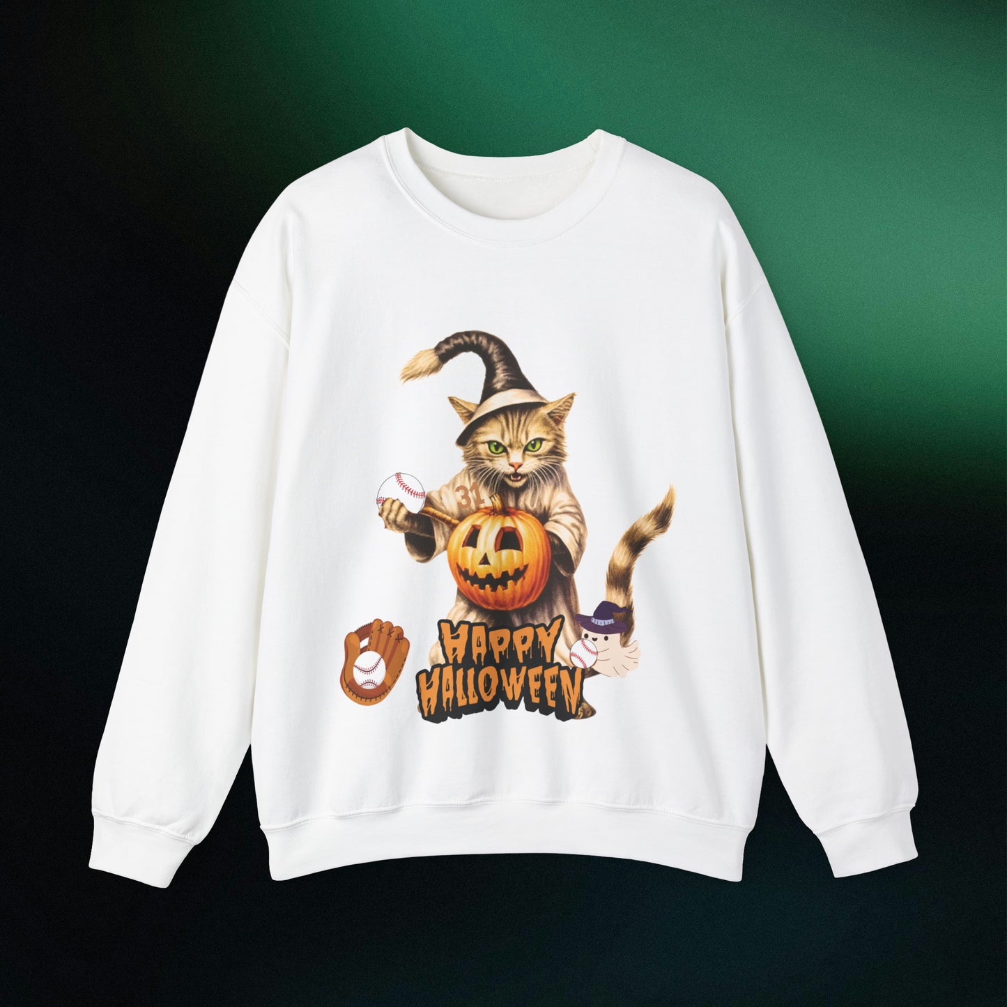 Halloween Cat Baseball Sweatshirt | Happy Halloween - Spooky Sports | Halloween Fun Sweatshirt Sweatshirt S White 