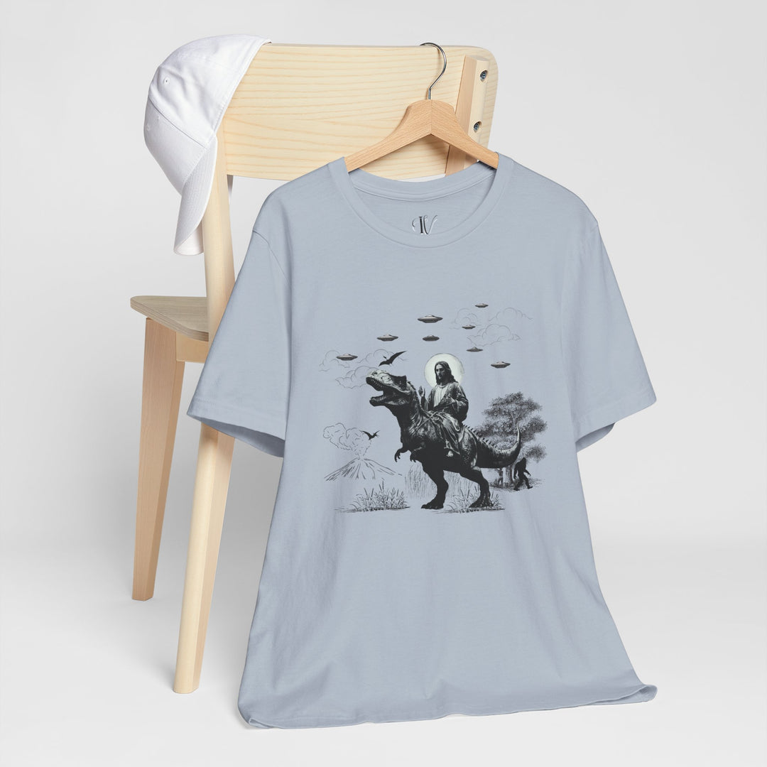 Out-of-This-World Tees: Jesus Riding Dinosaur & UFO T-Shirts (ImaginVibes) T-Shirt Light Blue XS 