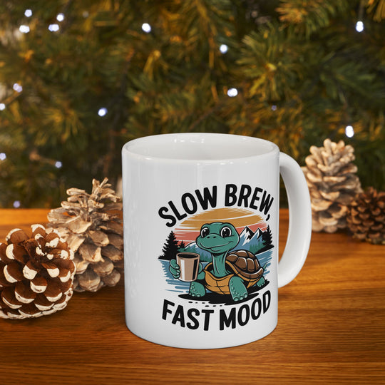 Ceramic Mug - Slow Brew, Fast Mood Retro Turtle Coffee Cup Mug Printify