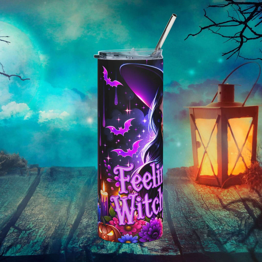 Feelin' Witchy 20oz Stainless Steel Tumbler — Halloween Witch, Bats & Pumpkins Mug Printify