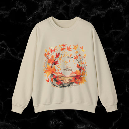 Hello Autumn Sweatshirt | Fall Design - Fall Seasonal Sweatshirt - Cottagecore Fall Sweatshirt S Sand 