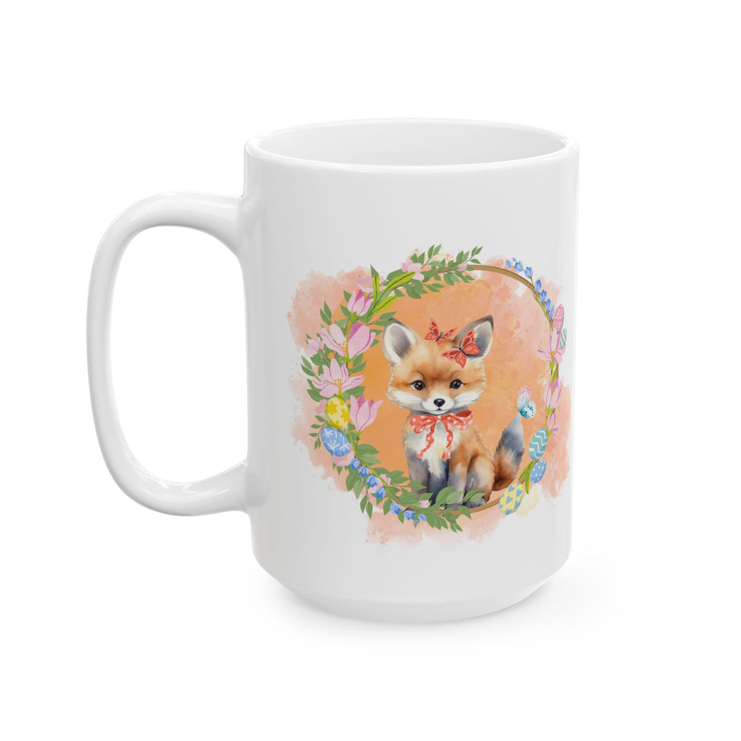 Fox Ceramic Mug - Easter Springtime Floral Wreath Mug Printify 15oz