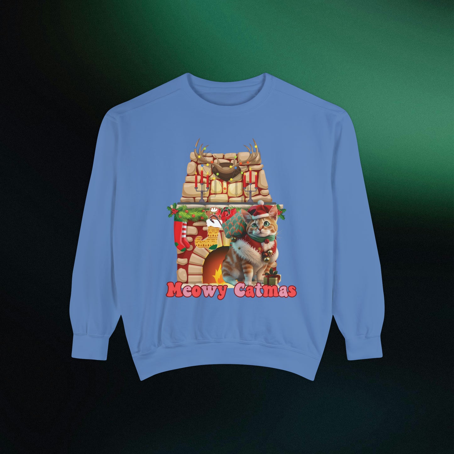 Funny Christmas Cat Sweatshirt | Meowy Christmas Cat Sweater | Christmas Gifts for Cat Lovers - Christmas Lights Shirt, Christmas Cats Shirt Sweatshirt Flo Blue S 