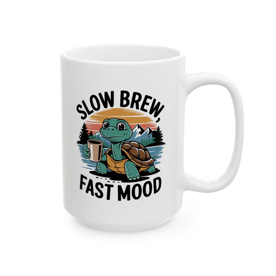 Ceramic Mug - Slow Brew, Fast Mood Retro Turtle Coffee Cup Mug Printify