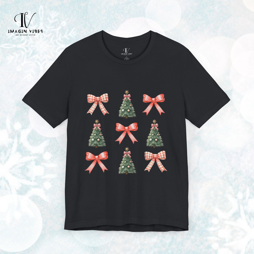 Coquette Bow Christmas Tree T-Shirt T-Shirt Printify Vintage Black XS