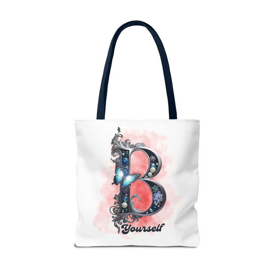 Elegant Feminine Tote Bag with Embellished 'B' and 'Yourself' Bags Printify 18" × 18'' Navy