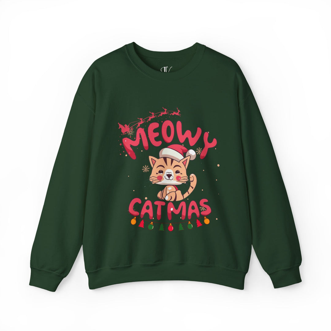 Funny Meowy Catmas Crewneck Sweatshirt Sweatshirt Printify S Forest Green